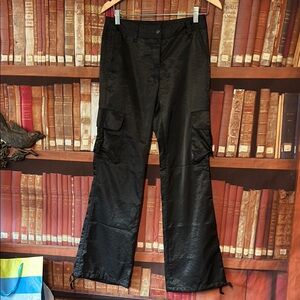 Express Black Satin Cargo Pants Y2K Utility Straight Leg Size 0
